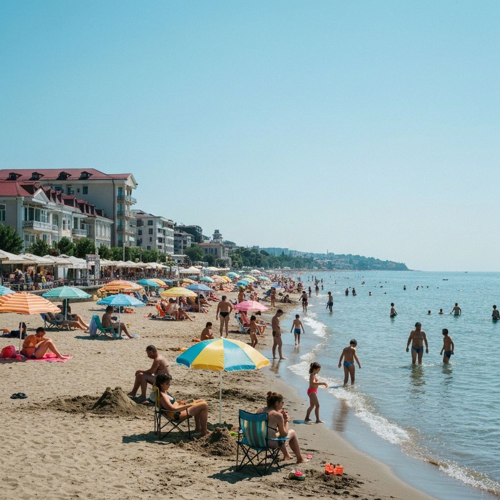 شاطئ باتومي المركزي - شاطئ رئيسي في باتومي جورجيا - الشاطئ الرئيسي في المدينة مع مرافق كاملة من كراسي ومظلات وري