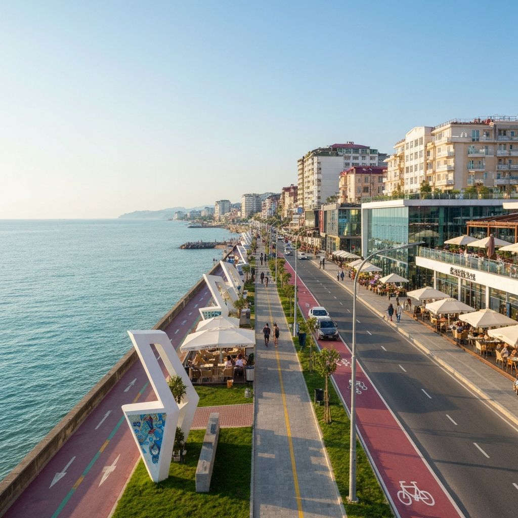 شاطئ البوليفارد الجديد - شاطئ حديث في باتومي جورجيا - امتداد جديد للشاطئ مع مرافق حديثة ومطاعم ومقاهي على البحر.