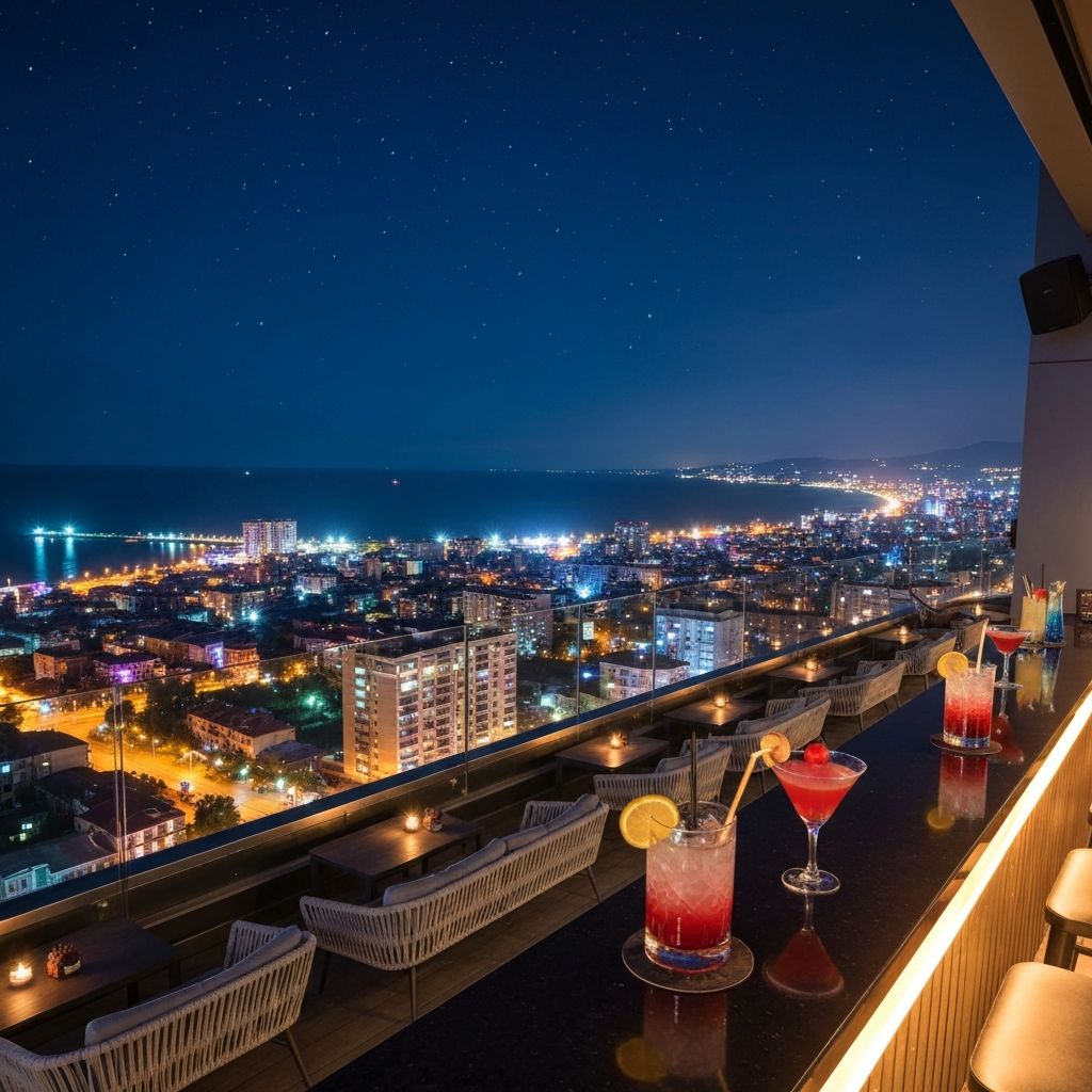 سكاي بار - بار على السطح في باتومي جورجيا - بار على السطح مع إطلالة بانورامية على باتومي والبحر الأسود.