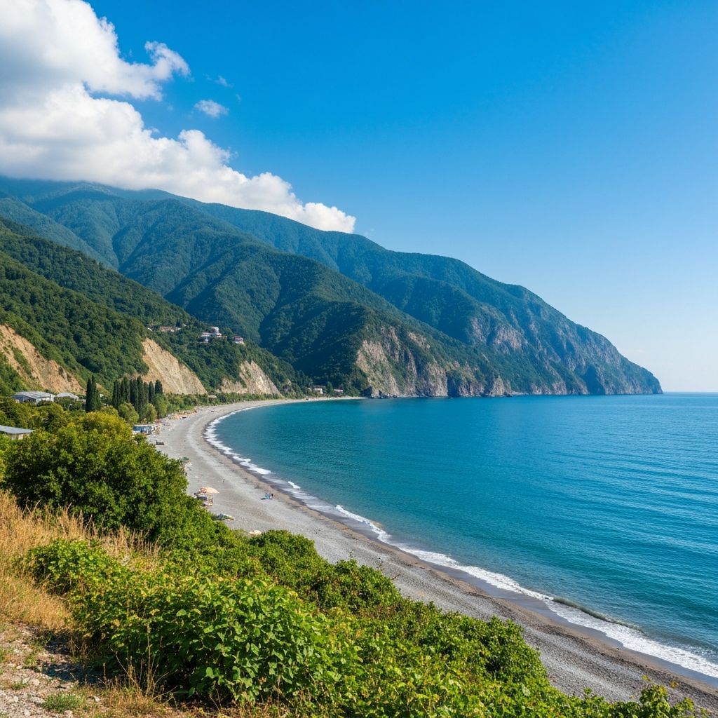 شاطئ صارفي - شاطئ طبيعي في باتومي جورجيا - شاطئ منعزل مع طبيعة خلابة وجبال خضراء محيطة. تجربة استرخاء ف